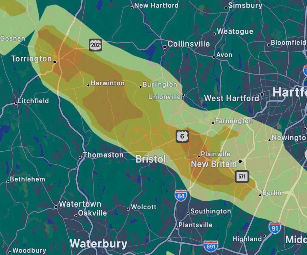 Map of areas hit by hail on July 4, 2026. Includes Torrington, Harwinton, Unionville, Burlington, Bristol, Plainville, Farmington, New Britain, and Berlin.